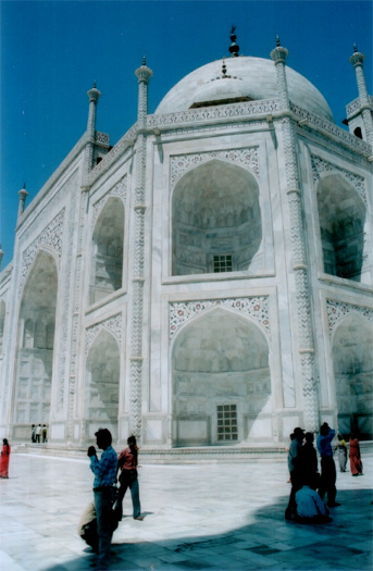 Nrbillede af Taj Mahals hvide marmorvgge.